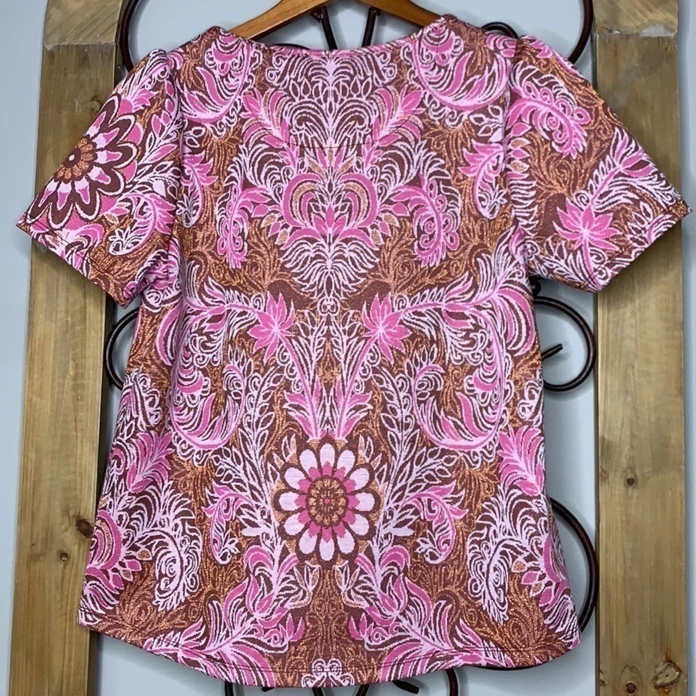 Anthropologie Demeter floral paisley print copper shimmer short sleeve top - Picture 6 of 9